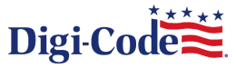 The Digi-Code logo displayed in bold navy blue text accompanied by a small American flag graphic featuring red and white stripes and blue stars on a white background.